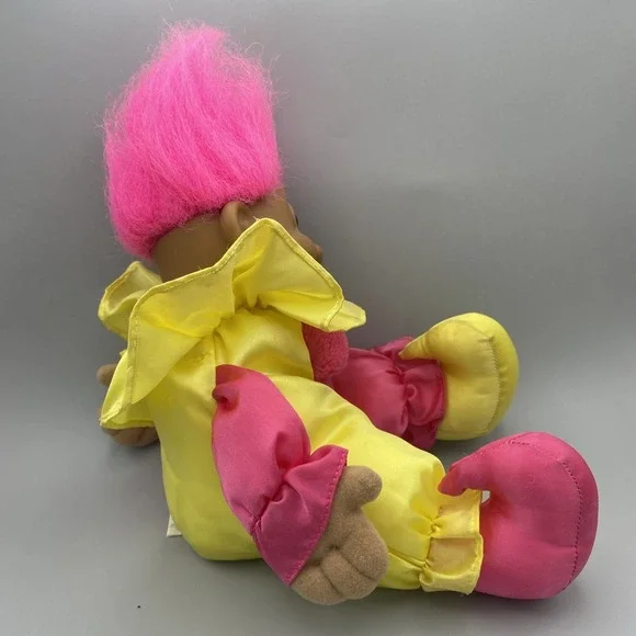 Vintage Russ Troll Doll 7" soft body Clown Jester pink and yellow, Brown Eyes - Picture 4 of 7